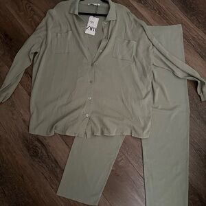 Zara Olive Green Button-Up Shirt and Pants Set